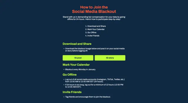 Your Data Your Money social media blackout page, full-page screenshot