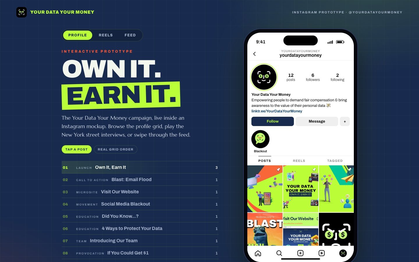 Your Data Your Money Instagram prototype: an Own it, Earn it headline beside a phone showing the campaign's Instagram profile and post grid